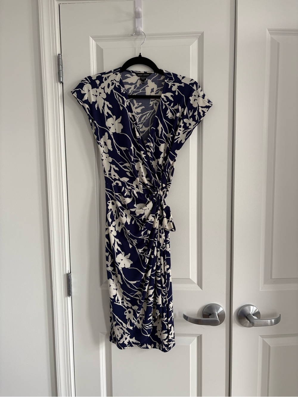 Maggy London Navy & White Floral Faux-Wrap Midi Dress